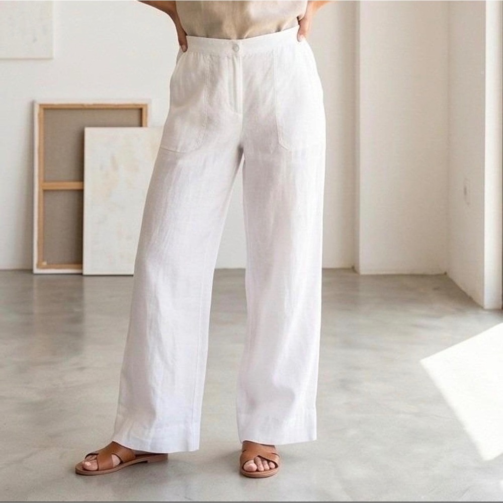 J. Jill Love Linen White Wide Leg Pants Flowy 16 Tall Pure Linen Pockets
